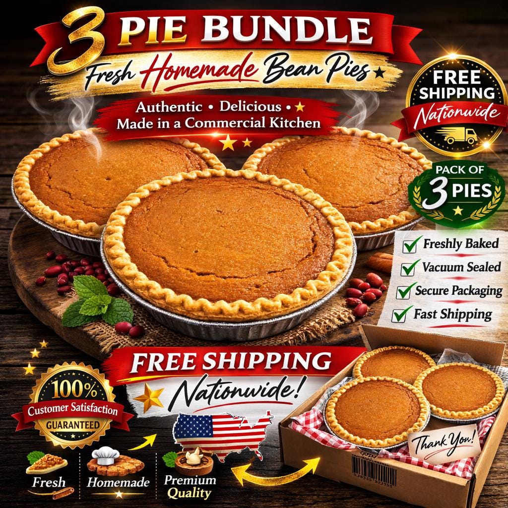 3-Pack Authentic Navy Bean Pies | 9-Inch Handmade Bean Pie Bundle | Free Shipping | Muslim-Style Dessert | Plus FREE 6" Bonus Pie!